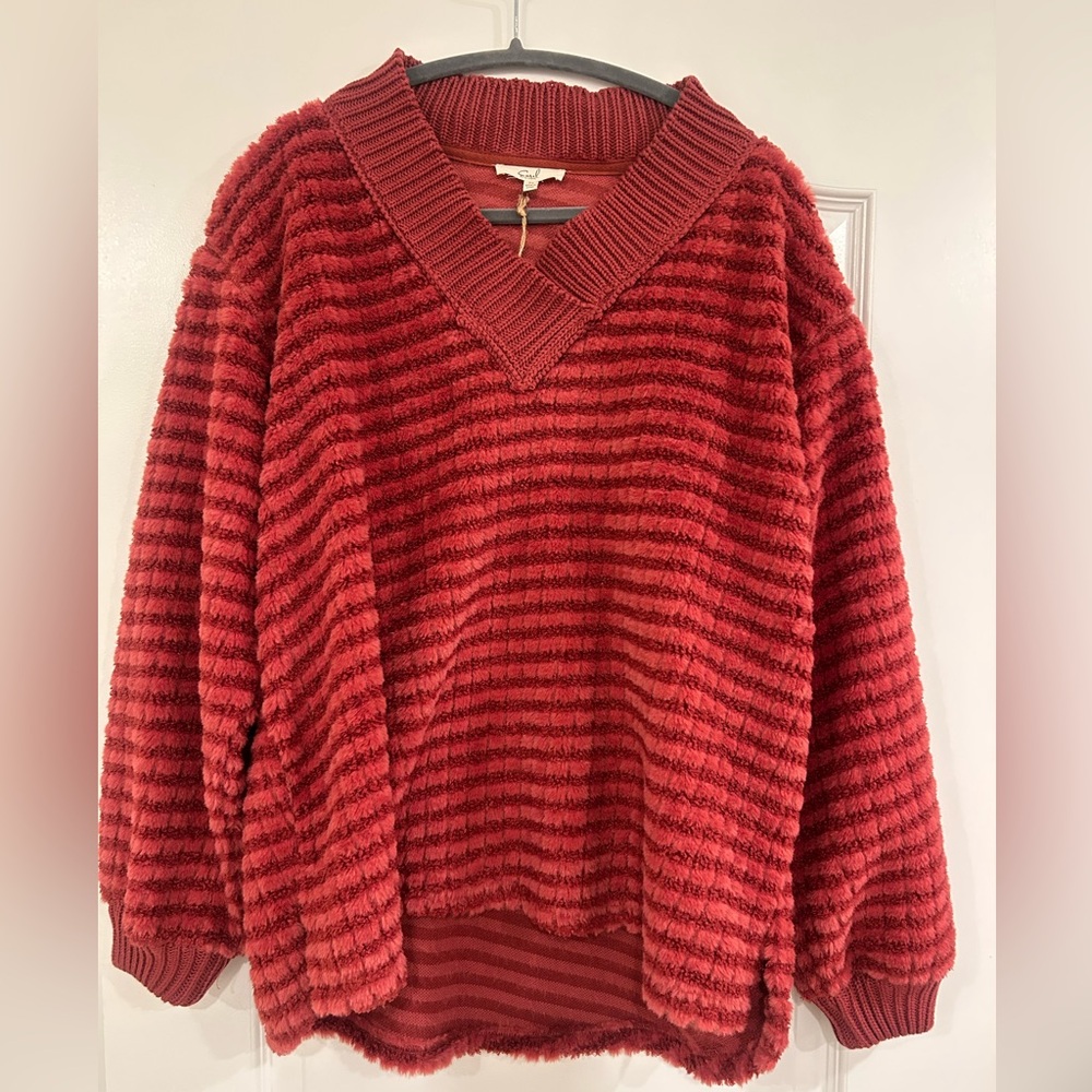 easel Red Striped V-Neck Plush Sweater